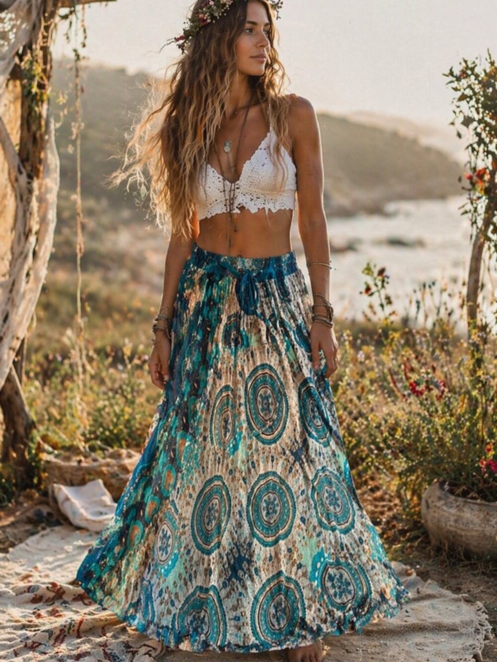 Boho Maxi Skirt in Teal and Cream
